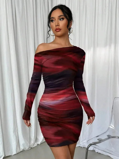 Sexy Pleated Long Sleeve Wrap Skirt Midi Dress for Women – Asymmetrical Collar 2025 Fashion Trend