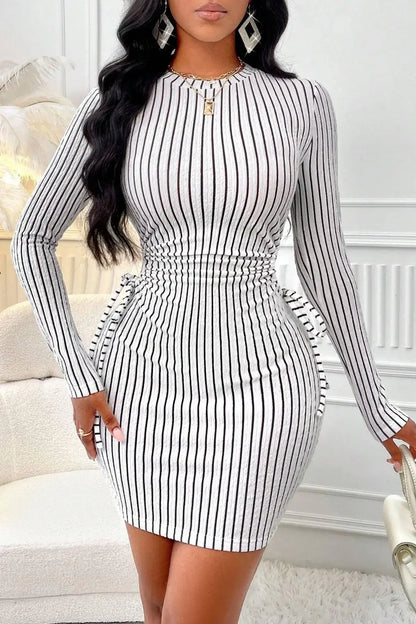 Women’s Slim Hip-Hugging Striped Dress – Long Sleeve Style