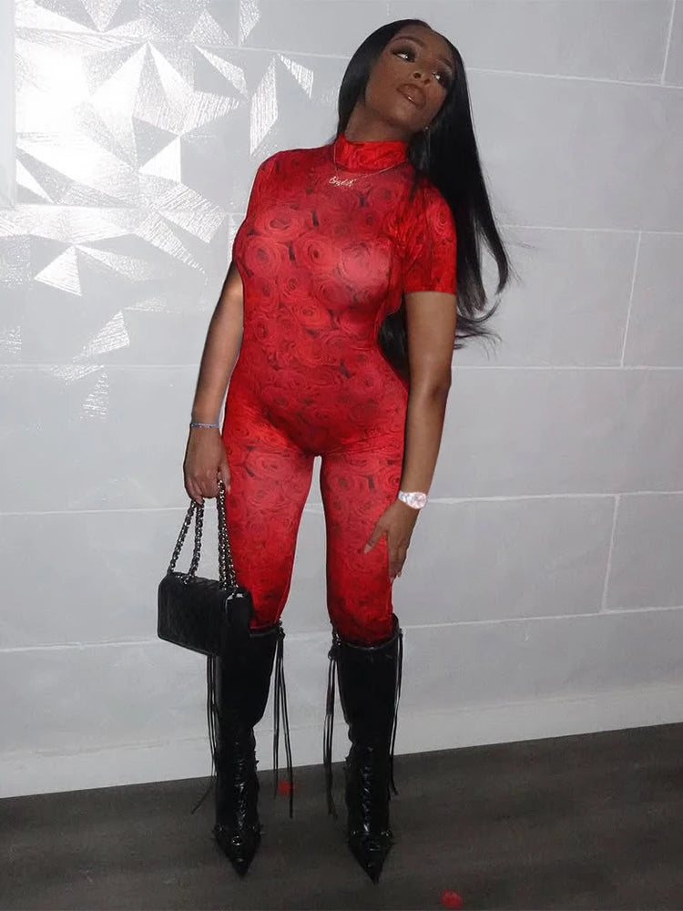 Garden Of Eve Tight Jumpsuits Multi Colors Sexy Panelled Short Sleeve Backless Stand Collar Slim Overalls Clubwear