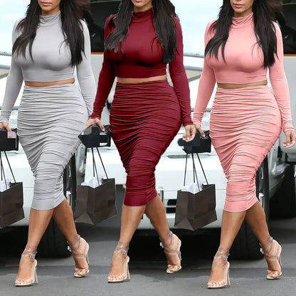 🔥 Sexy 2-Piece Set – Long Sleeve Crop Top &amp; High Waist Skirt 🔥