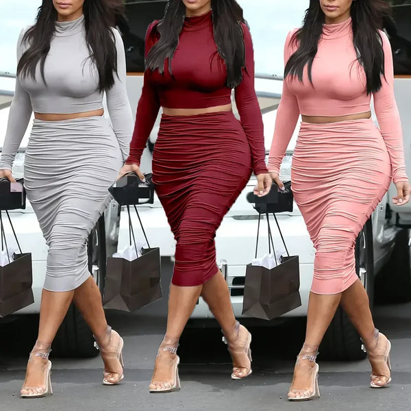 🔥 Sexy 2-Piece Set – Long Sleeve Crop Top &amp; High Waist Skirt 🔥