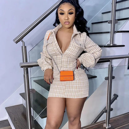 Elegant Night Party Cotton Shirt Dress — Lantern Sleeve Zip Pencil Mini Dress