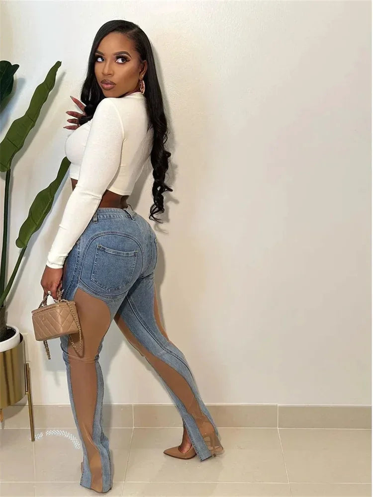 High-Waist Elastic Jeans – Women’s Casual Blue Denim Pants