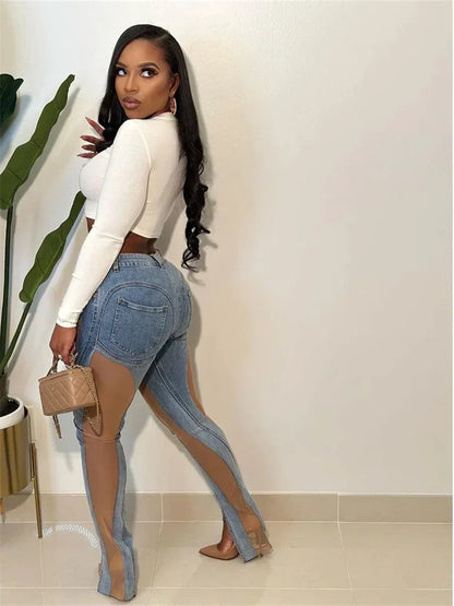 High-Waist Elastic Jeans – Women’s Casual Blue Denim Pants