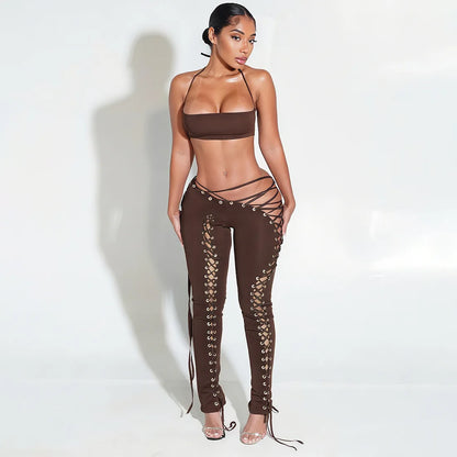Women Solid Grommet Lace Up 2 Piece Set Halter Camisole Crop Tops + Shirring Hollow Skinny Pants Clubwear Suit Streetwear