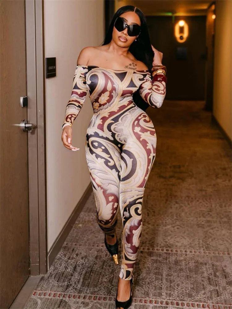 Women’s Colorful Print Jumpsuit – Slash Neck Long Sleeve Body Love