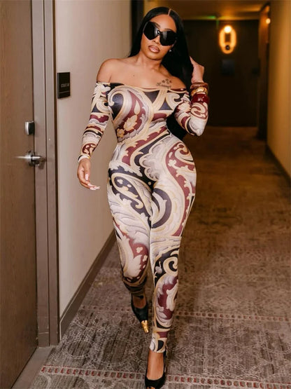 Women’s Colorful Print Jumpsuit – Slash Neck Long Sleeve Body Love