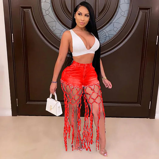 There She Is High Waist Denim Shorts – Women’s Tassel Splice Hot Pants 💙✨