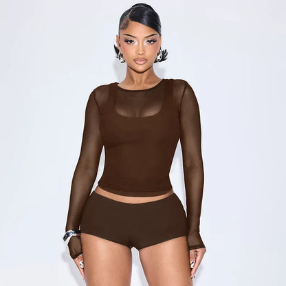 Sexy Mesh 4 Pieces Set for Woman Outfits Solid Color Long Sleeve Crop Top + Shorts Matching Female Streetwear Clothing