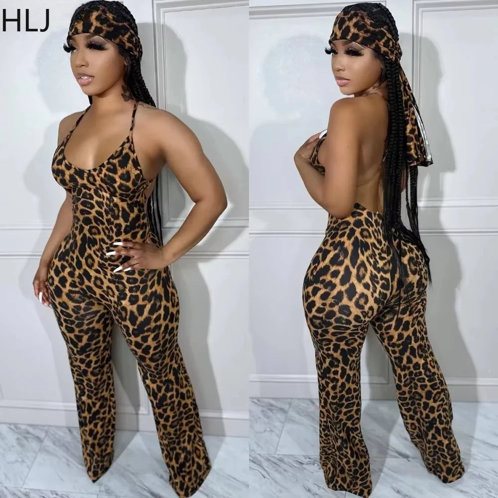 Sexy Leopard Print Jumpsuit for Women – Thin Strap Sleeveless V-Neck Wide-Leg Pants Playsuit with Scarf
