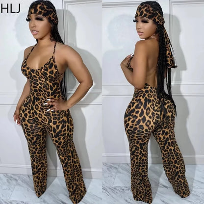 Sexy Leopard Print Jumpsuit for Women – Thin Strap Sleeveless V-Neck Wide-Leg Pants Playsuit with Scarf
