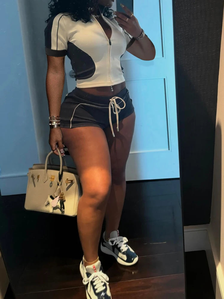 Women’s Summer Streetwear 2-Piece Set – Slim Panelled Crop Top &amp; Shorts ☀️✨