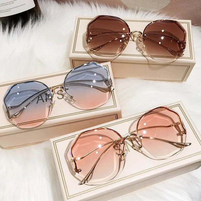 Rimless Luxury Sunglasses Metal Female Vintage Ladies Stylish Design Oversized Square Sun Glasses UV400