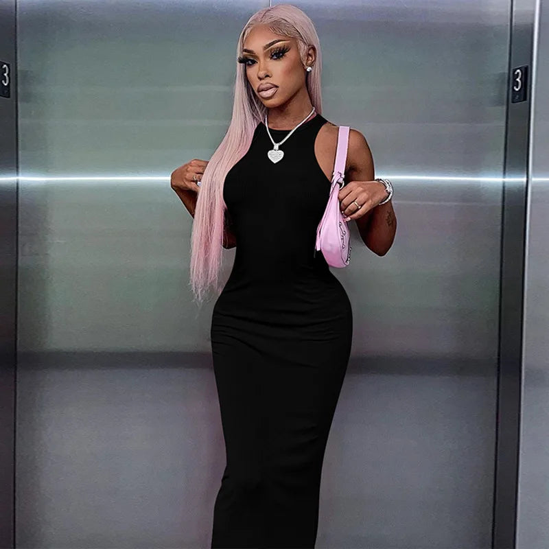 Simple Sexy Ribbed Sleeveless Maxi Dresses For Women Club Birthday Party Streetwear Elegant Outfits