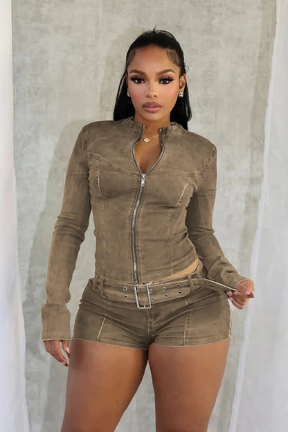 Sexy Denim Womens 2 Two Piece Set Stretchy Long Sleeve Zip Up Slim Jackets and Shorts Suits Streetwear Belt Jean Outfit Sets 4 Colors