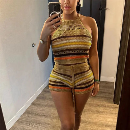 His Sexy Baby Momma Thick H hanging Neck Lace-up Sleeveless Backless Tops Female Casual Knitted Rainbow Stripes Two Piece Sets Slim Fit Shorts Multi Colors