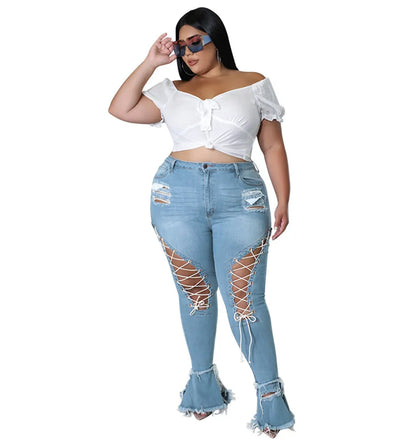Thick & Sexy Plus Size Flared Jeans Women Bandage High Waist Tassel Hole Denim Ripped Bottom Stretch New Pants