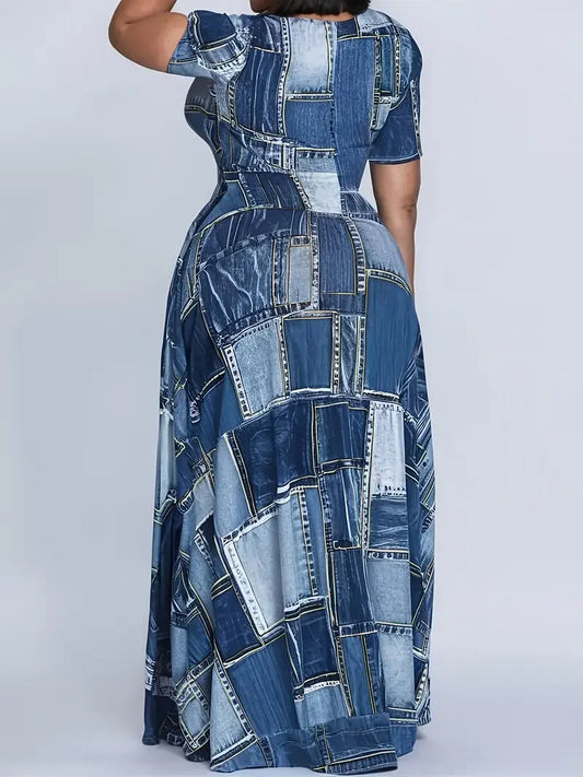 💋 Curve Queen Denim Plaid Maxi Dress – Plus Size 1XL–5XL Summer Casual Chic
