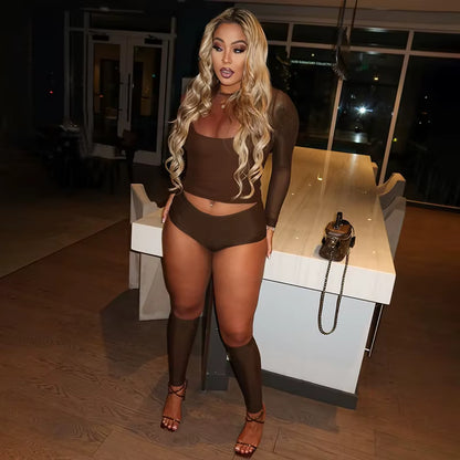 Sexy Mesh 4 Pieces Set for Woman Outfits Solid Color Long Sleeve Crop Top + Shorts Matching Female Streetwear Clothing