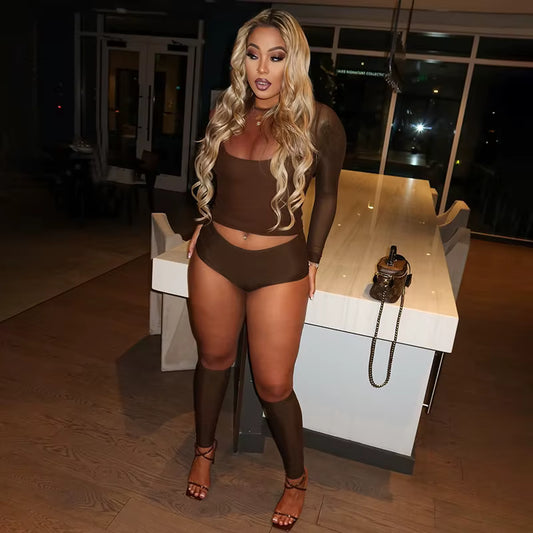 Sexy Mesh 4 Pieces Set for Woman Outfits Solid Color Long Sleeve Crop Top + Shorts Matching Female Streetwear Clothing