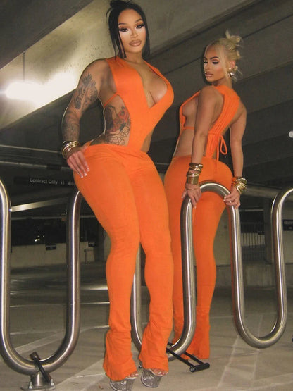 Glo Up Sexy Hipster Women 2 Piece Set Deep V-Neck Sleeveless Bodysuit+Leggings Matching Hipster Streetwear Outfits