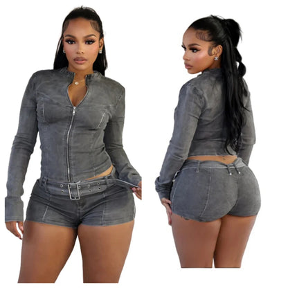Sexy Denim Womens 2 Two Piece Set Stretchy Long Sleeve Zip Up Slim Jackets and Shorts Suits Streetwear Belt Jean Outfit Sets 4 Colors
