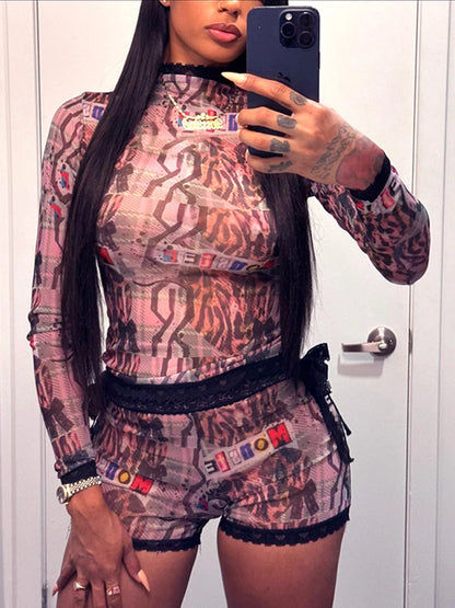 Lace Patchwork Printed 2-Piece Set – Full Sleeve Top &amp; Ribbon Skinny Shorts 🔥