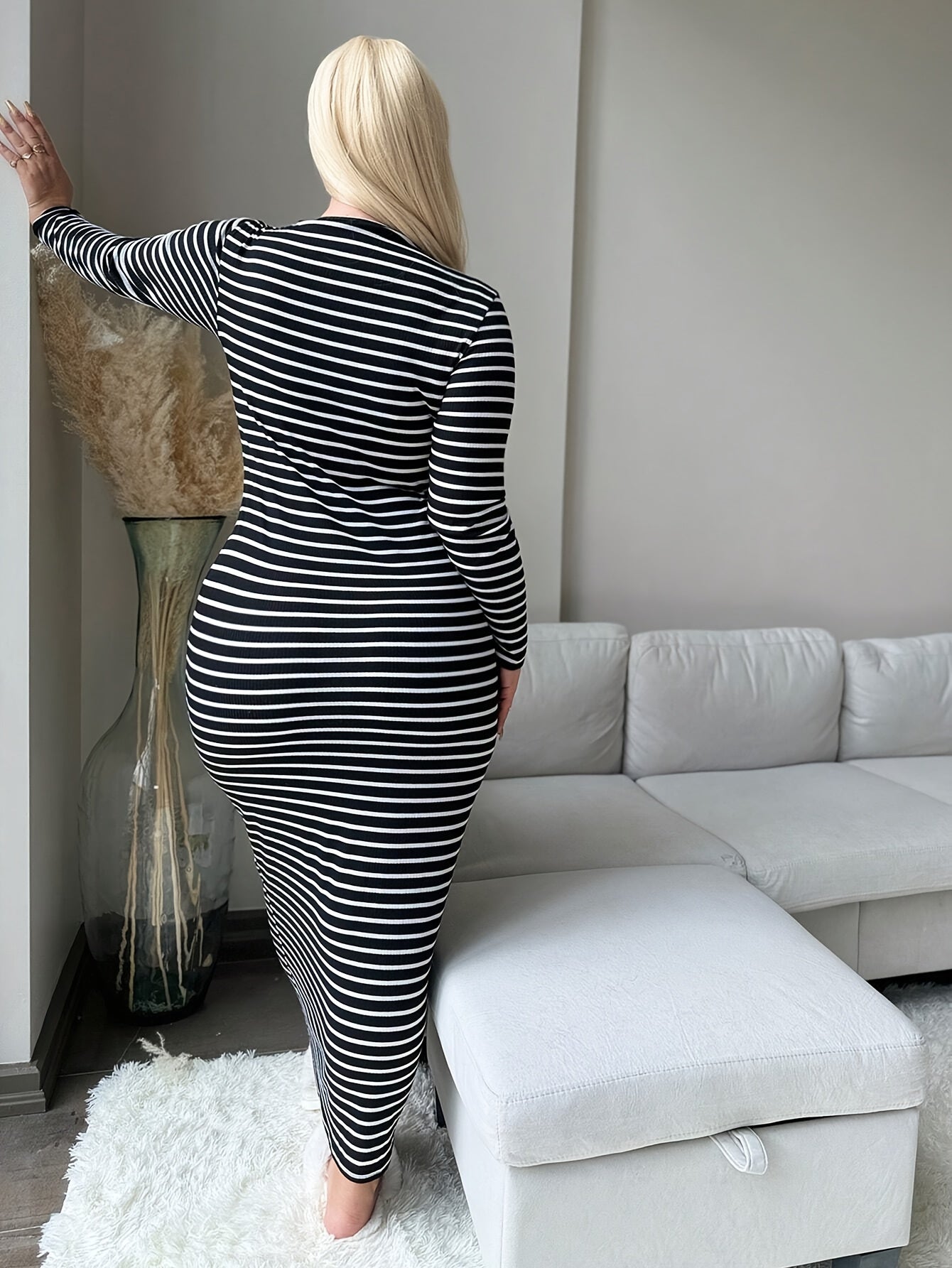 Thick & Sexy Elegant Long Sleeve Maxi Dress - Black & White Striped Vertical Pinstripe Formal & Semi-Formal Outfits, Round Neck Long Sleeve A-Line Silhouette, Machine Washable Winter Warmth, Plus Size Curvy