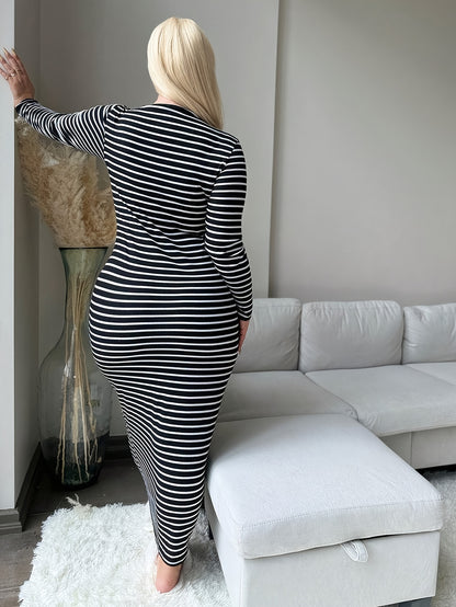 Thick & Sexy Elegant Long Sleeve Maxi Dress - Black & White Striped Vertical Pinstripe Formal & Semi-Formal Outfits, Round Neck Long Sleeve A-Line Silhouette, Machine Washable Winter Warmth, Plus Size Curvy