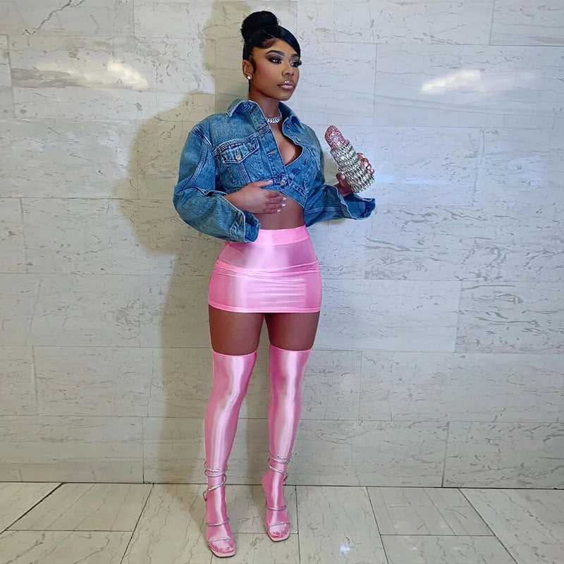 Let HER Shine Pure Color Silk Sexy Tight Hip Skirt &amp; Half Socks Suit 💖🔥