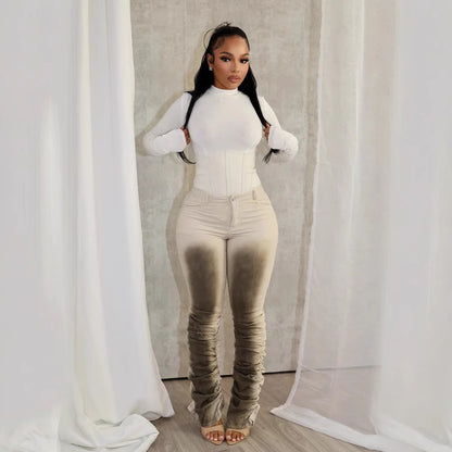 Fashionable Sexy Slim-Fit Distressed Retro Stacked Pants – Women’s Trendy Denim