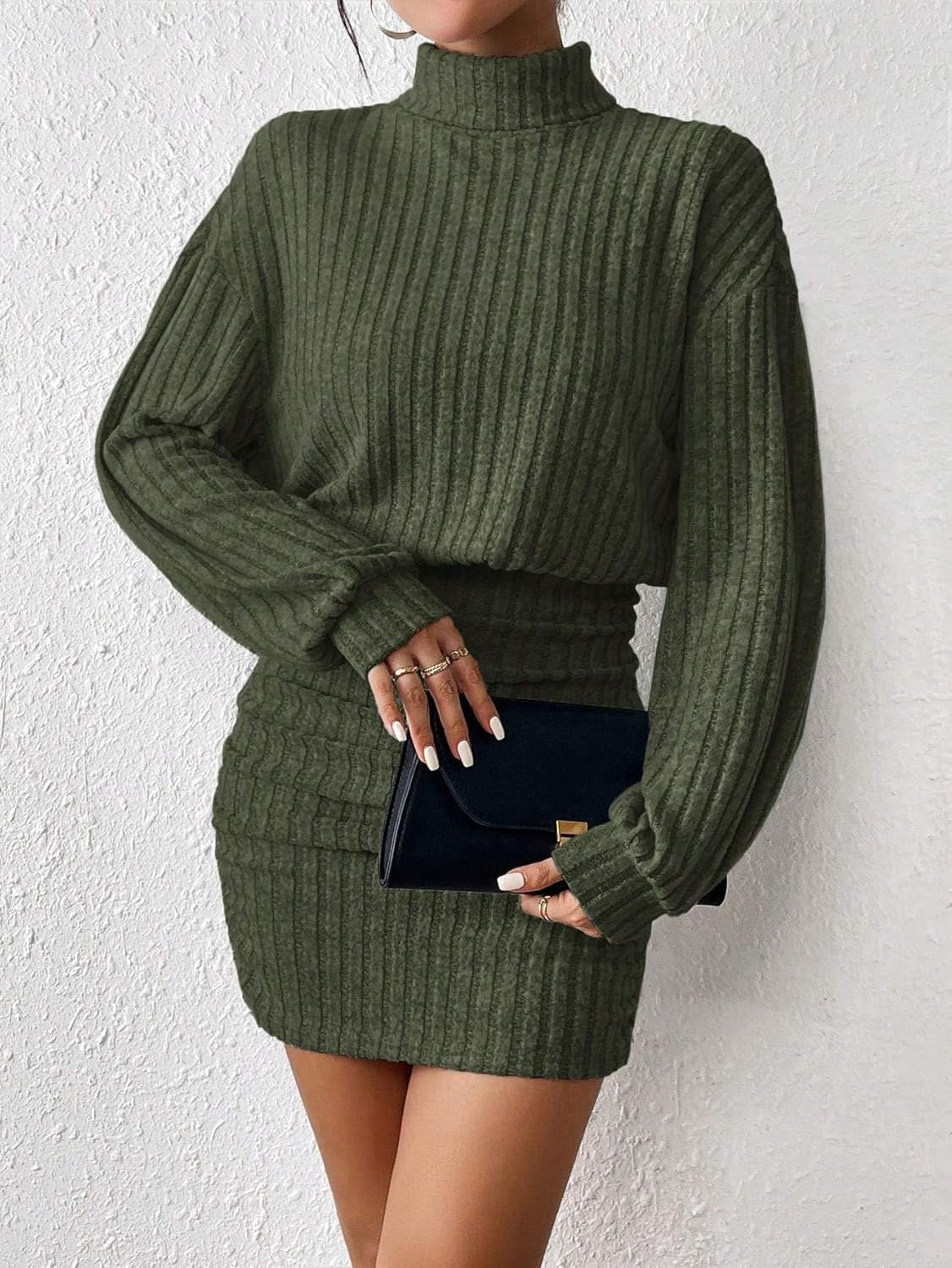 Women'S Pullover Sweater Dress Long Lantern Sleeve Turtle Neck Cute Ribbed Knit Bodycon Mini Short Dress 2025 Fall