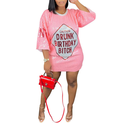 Sequins Glitter Letter Embroidery Loose T-shirt Skirt