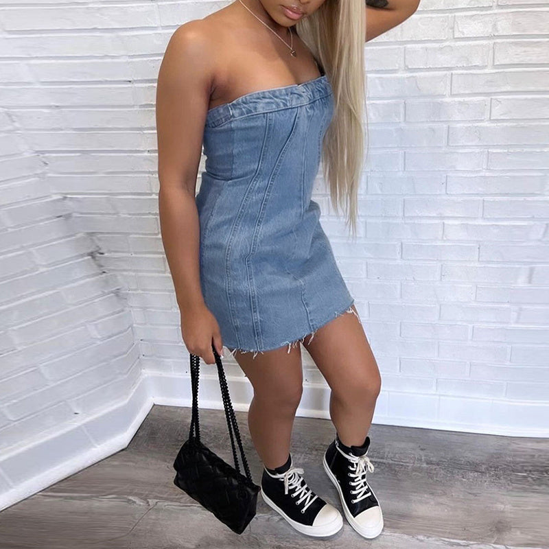 🔥 Fashion Backless Tube Denim Dress – Summer Sexy Slim Mini 🔥