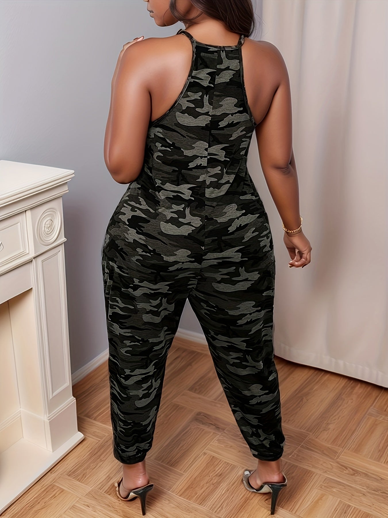 Thick & Sexy Camo V-Neck Jumpsuit with Pockets - Stretchy, Sleeveless, Wide-Leg Design, Black & Brown, Perfect for Street Style, Casual Attire, Casual Attire plus size