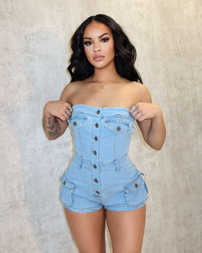 Not Just a Pretty Face – Denim Tube Top Stretch Jumpsuit for Women