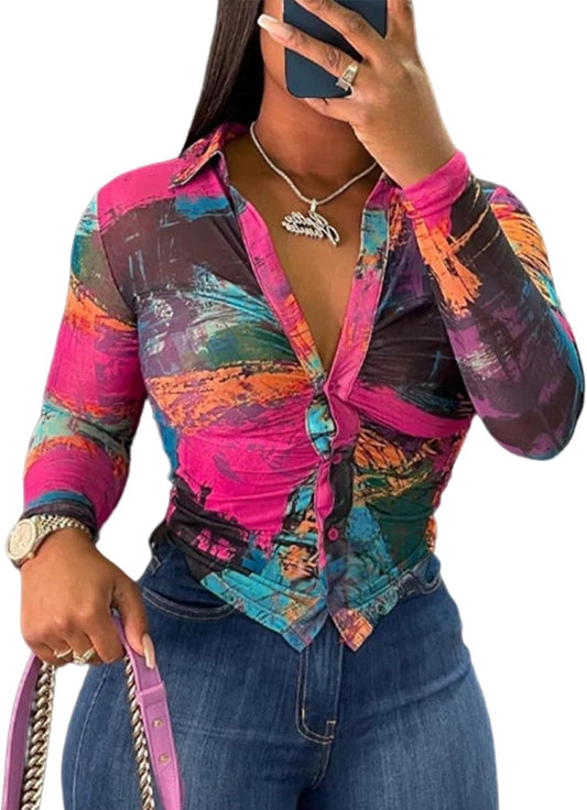 Women Sexy Button down Shirts Long Sleeve Collared Tie Dye Tops