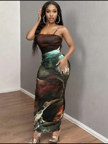 Sexy Fitted Maxi Marble Print Cami Dress – Body-Hugging, Sleek & Eye-Catching