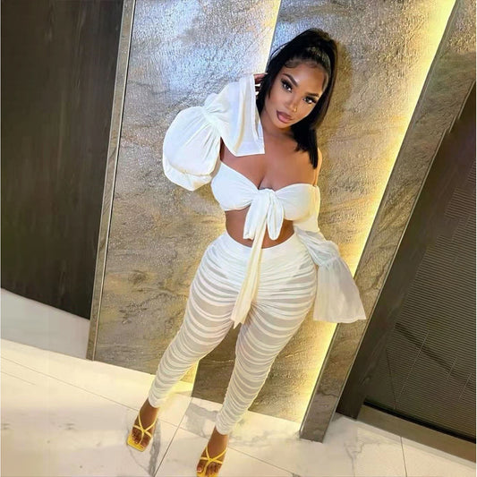 Women’s Off-Shoulder Bell Sleeve Top & Mesh Pleated Pants Set
