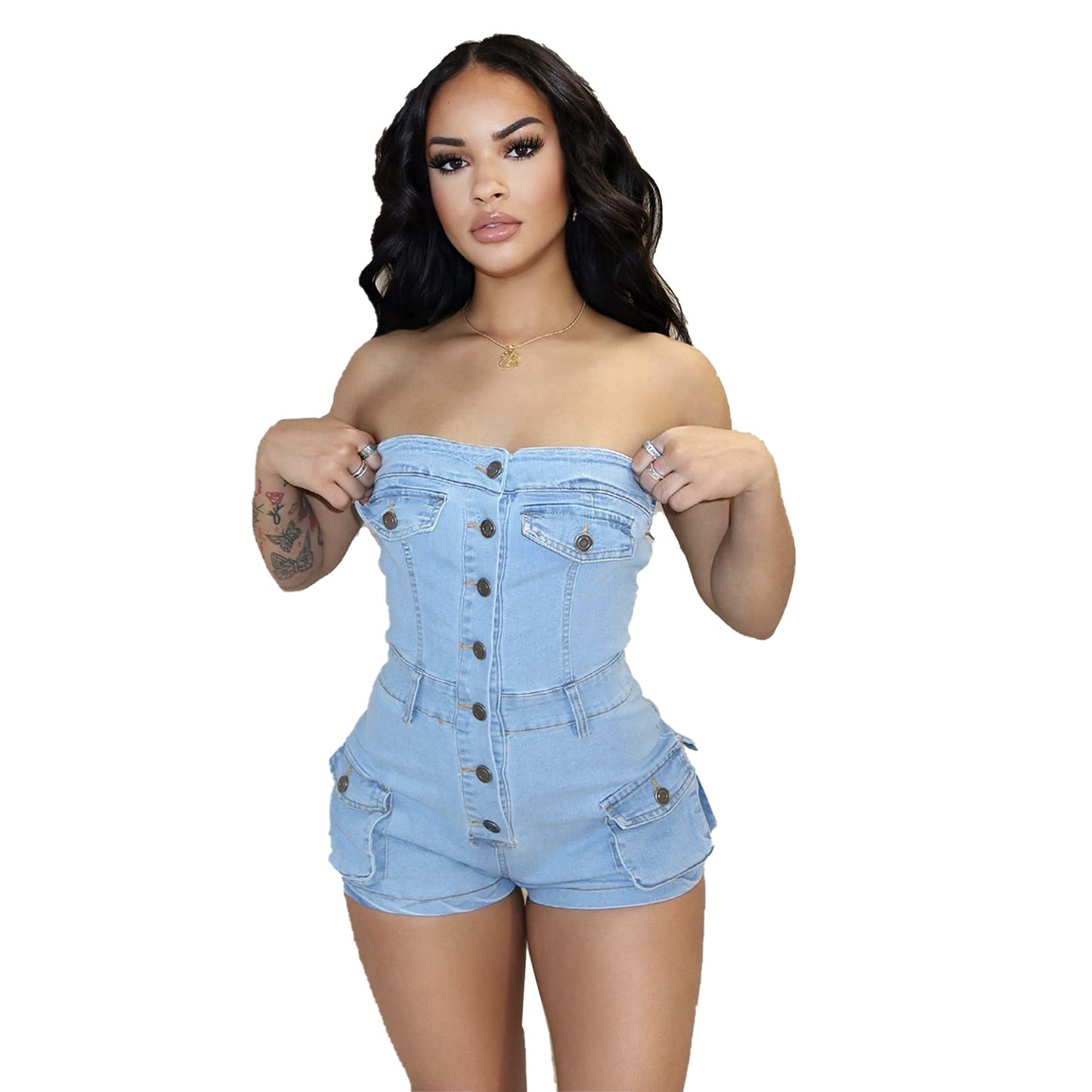 Not Just a Pretty Face – Denim Tube Top Stretch Jumpsuit for Women