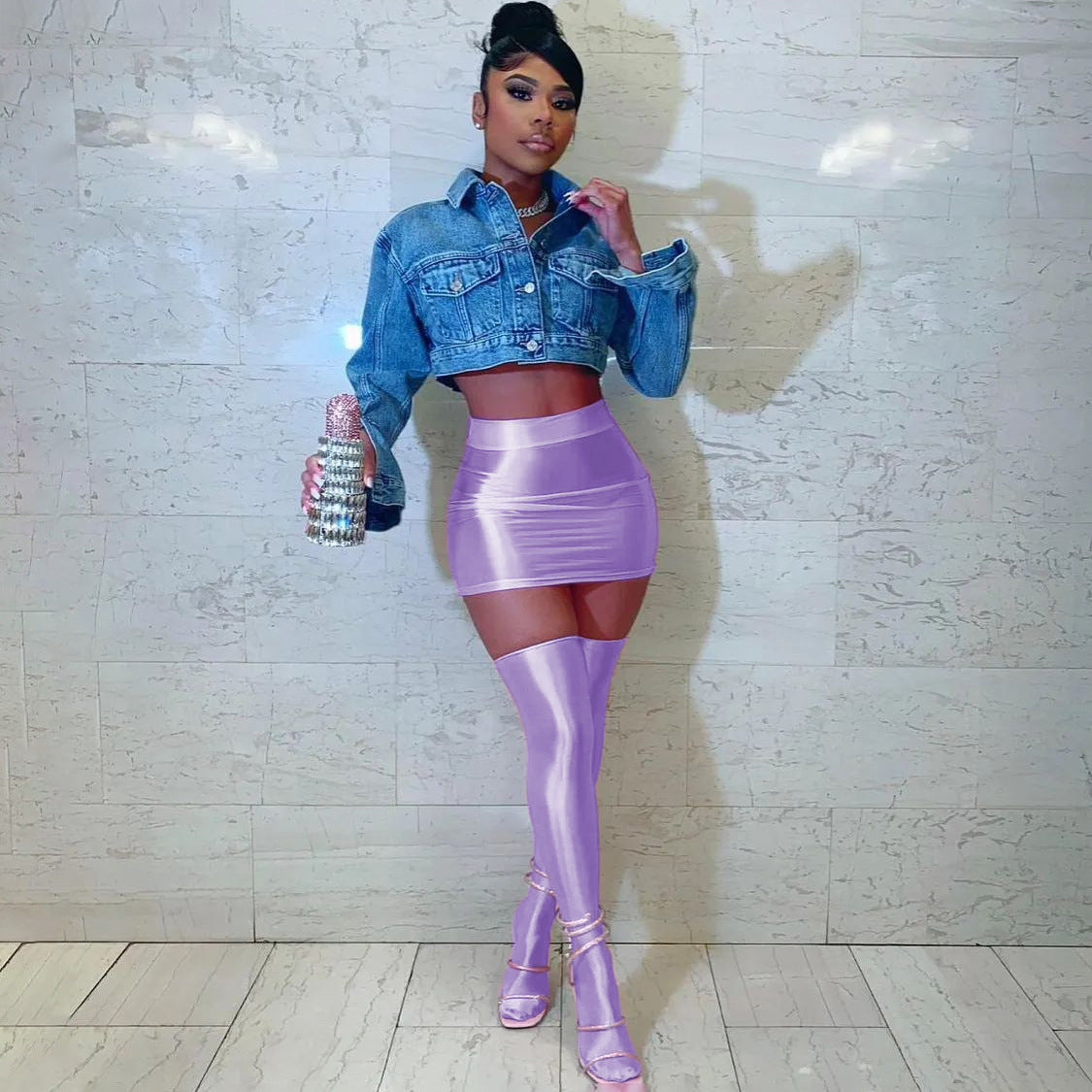 Let HER Shine Pure Color Silk Sexy Tight Hip Skirt &amp; Half Socks Suit 💖🔥