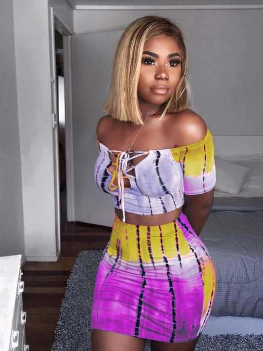 Women’s Gradient Strapless Top & Mini Dress Set — Lace-Up Detail Two-Piece Outfit