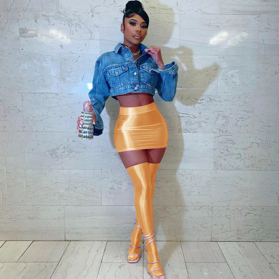 Let HER Shine Pure Color Silk Sexy Tight Hip Skirt &amp; Half Socks Suit 💖🔥