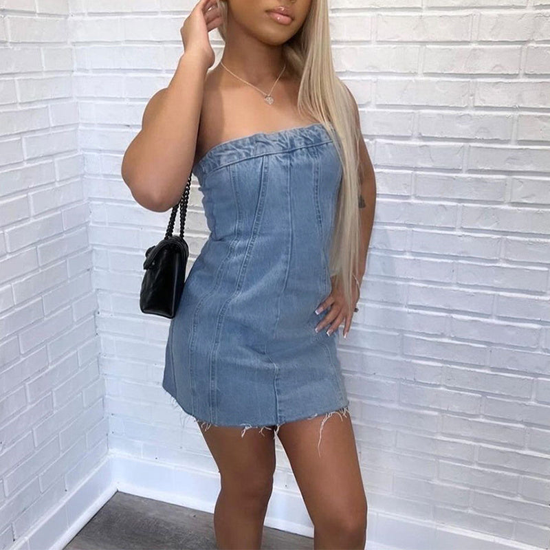 🔥 Fashion Backless Tube Denim Dress – Summer Sexy Slim Mini 🔥