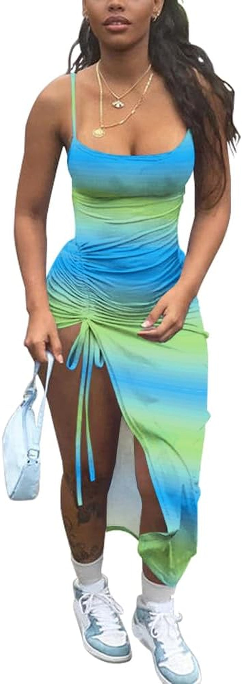 Womens Sexy Summer Dresses Spaghetti Strap Thigh-High Slit Ruched Bodycon Maxi Club Cocktail Party Dress