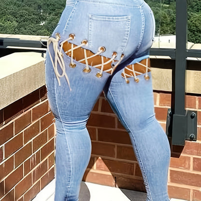 Women's Plus Size Cross Strappy Skinny Jeans Mid Rise Tight Stretch Denim Pants Sexy Cut Out Clubwear
