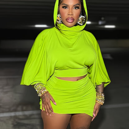 Thick and Sexy🍑 This Plus Size Hooded Crop Top + Ruffle Mini Skirt Set