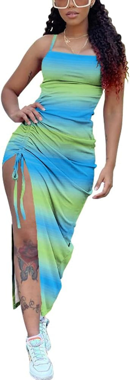 Womens Sexy Summer Dresses Spaghetti Strap Thigh-High Slit Ruched Bodycon Maxi Club Cocktail Party Dress