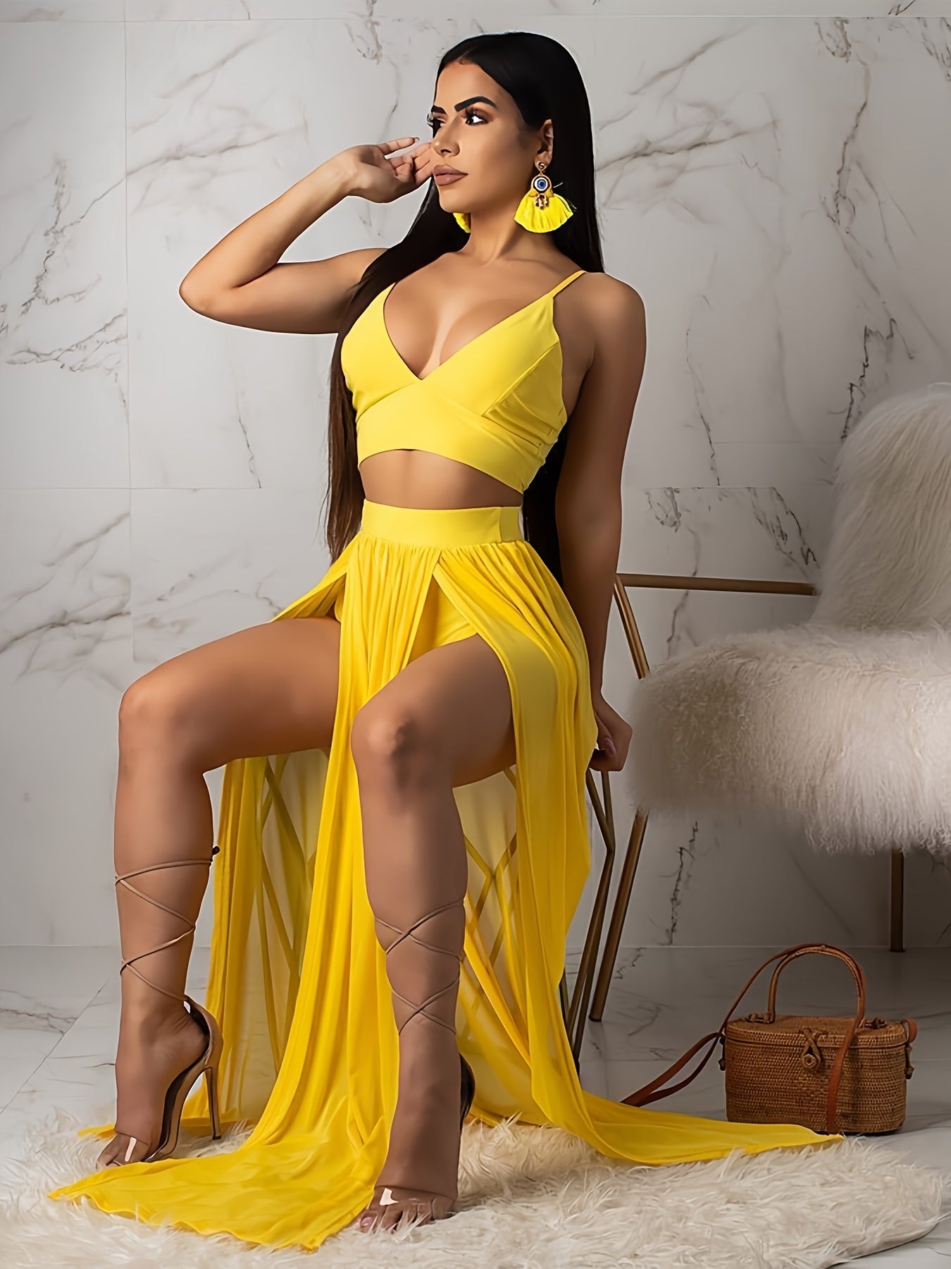 Goddess Energy 2-Piece Sexy Skirt Set – Strap Bra Crop Top &amp; High Split Chiffon Skirt 💋✨