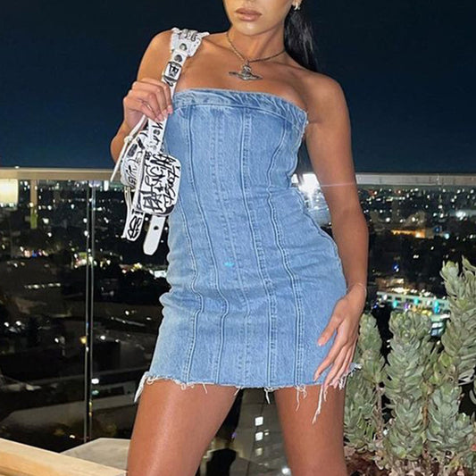 🔥 Fashion Backless Tube Denim Dress – Summer Sexy Slim Mini 🔥